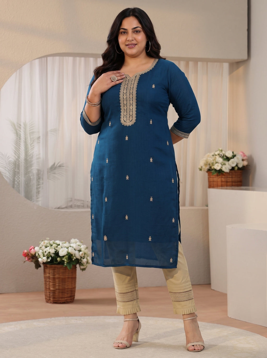 Plus Size Teal Blue Embroidered Silk Blend Straight Kurta