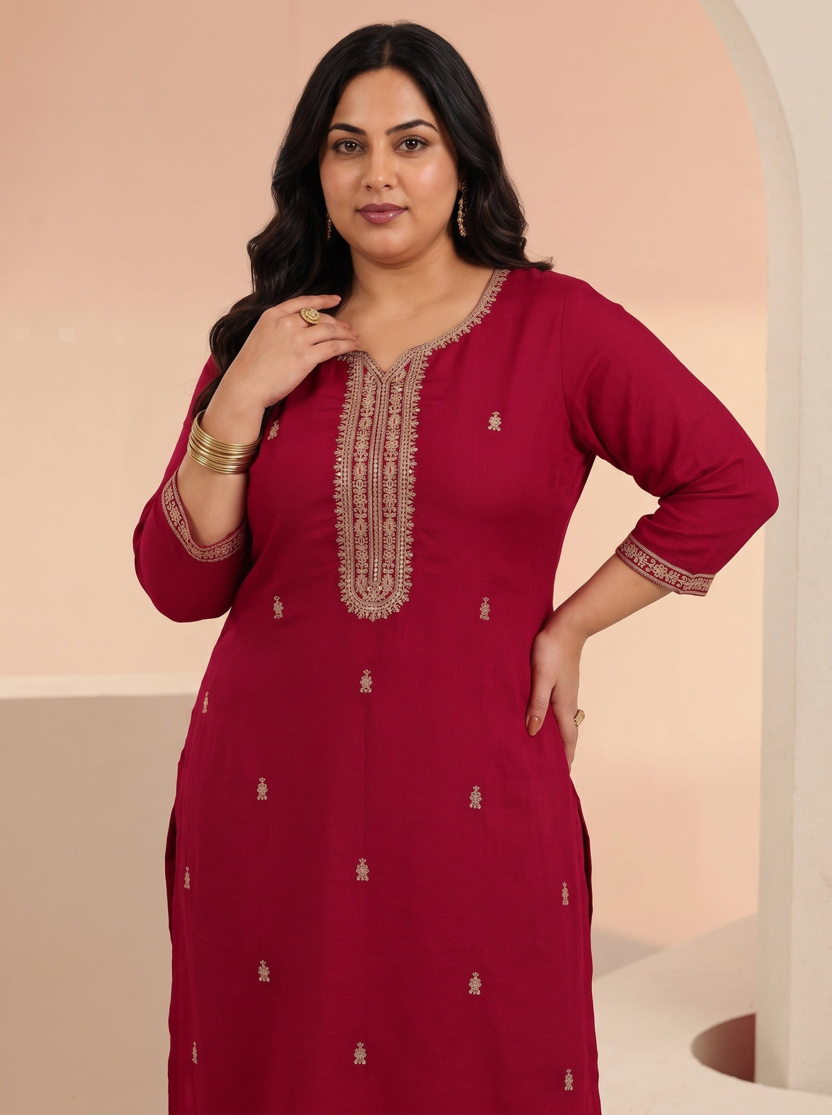 Plus Size Maroon Embroidered Silk Blend Straight Kurta