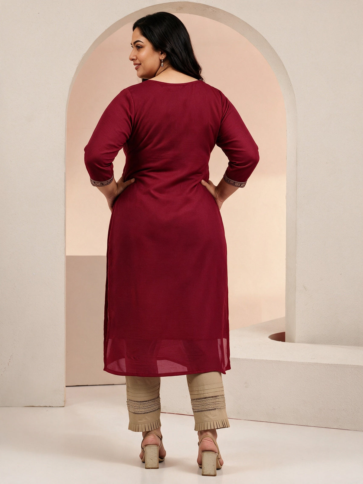 Plus Size Maroon Embroidered Silk Blend Straight Kurta