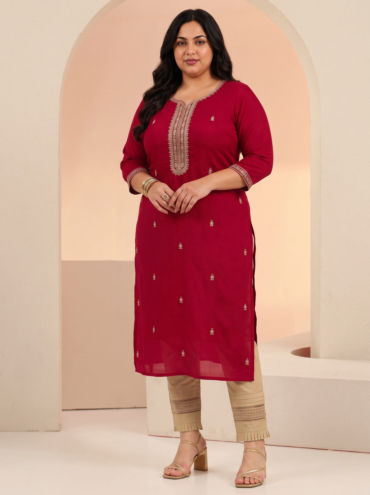Plus Size Maroon Embroidered Silk Blend Straight Kurta