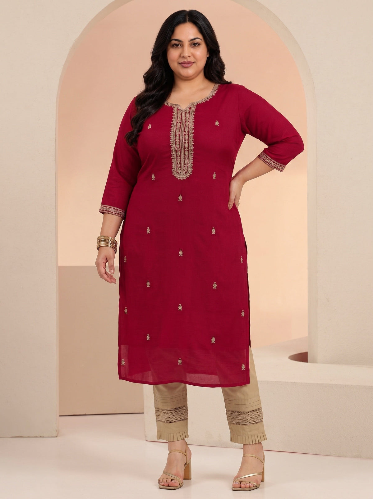 Plus Size Maroon Embroidered Silk Blend Straight Kurta