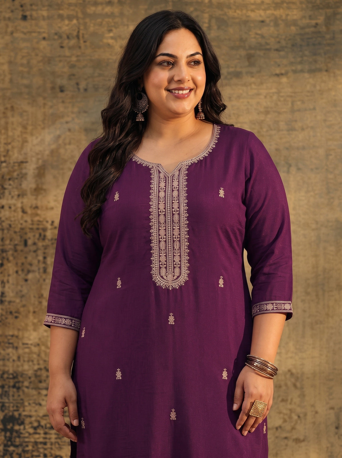 Plus Size Dark Purple Embroidered Silk Blend Straight Kurta