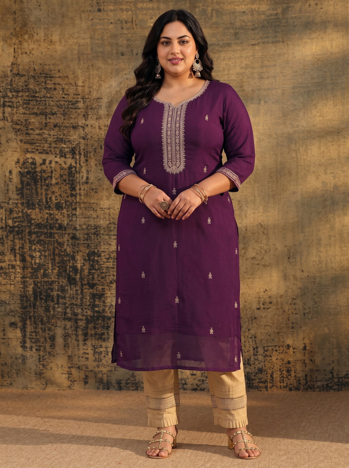 Plus Size Dark Purple Embroidered Silk Blend Straight Kurta