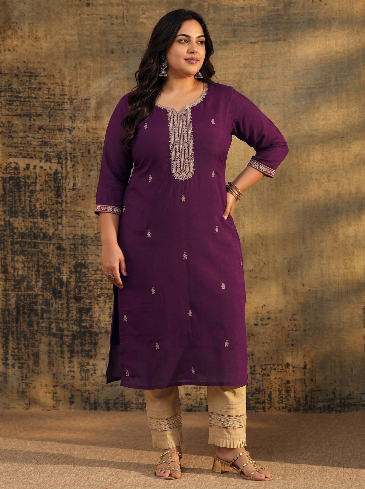 Plus Size Dark Purple Embroidered Silk Blend Straight Kurta