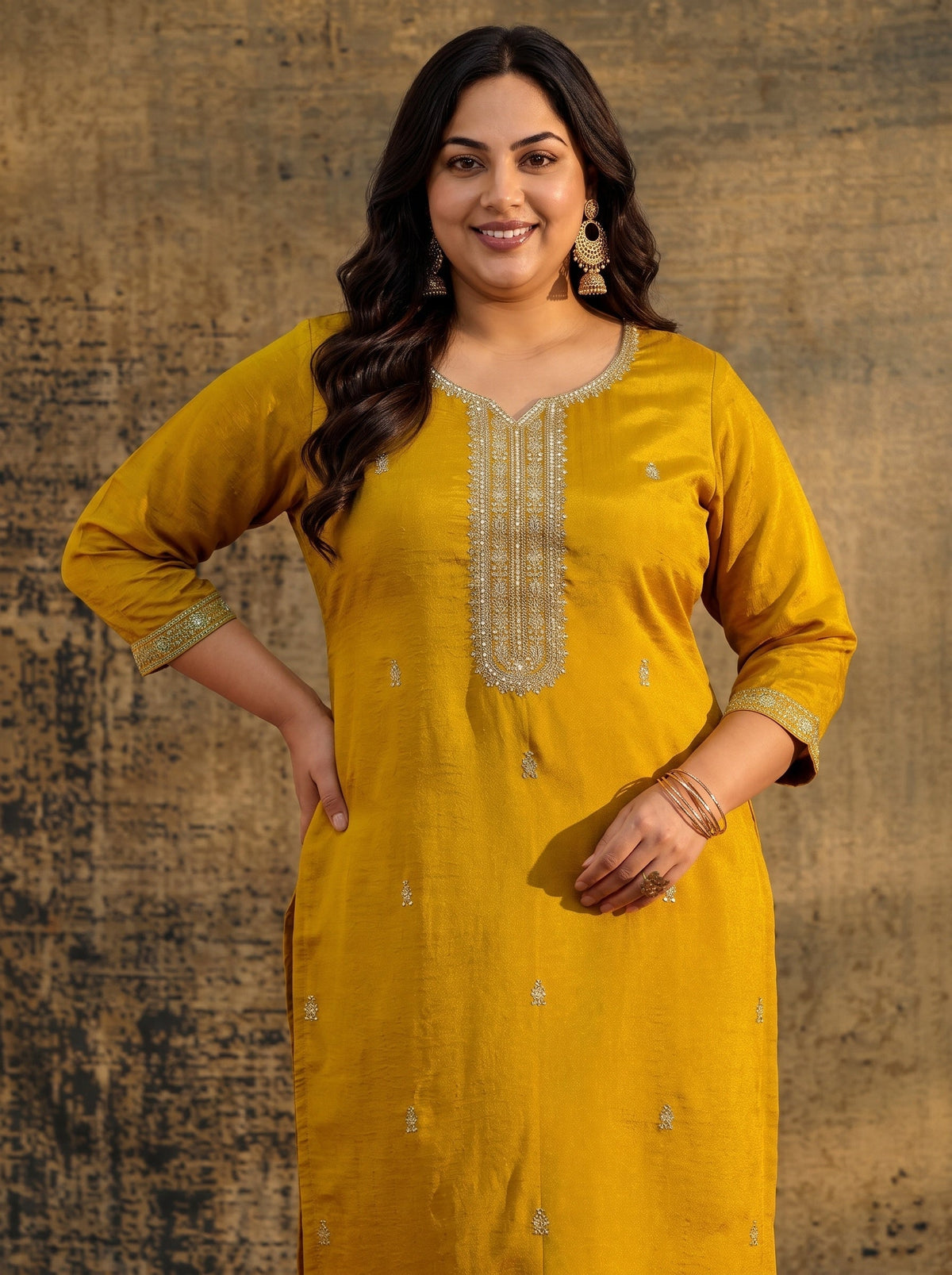 Plus Size Mustard Embroidered Silk Blend Straight Kurta
