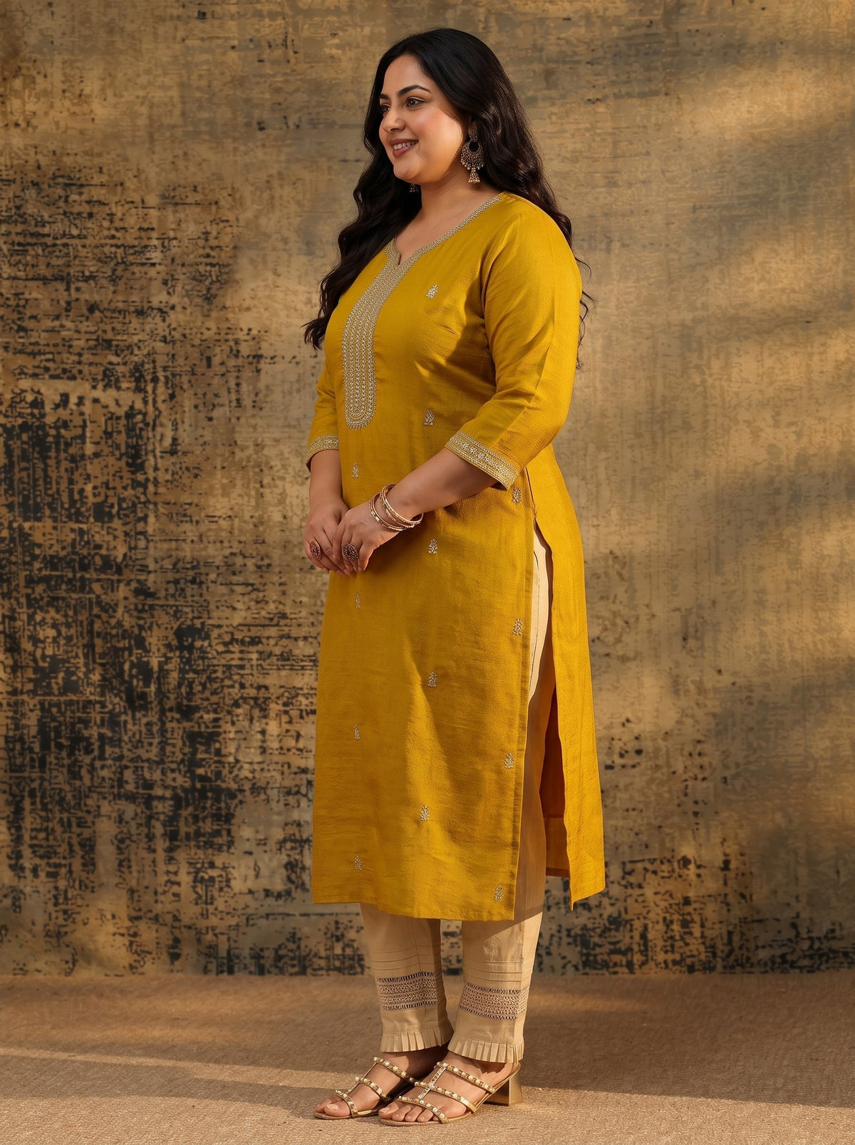 Plus Size Mustard Embroidered Silk Blend Straight Kurta