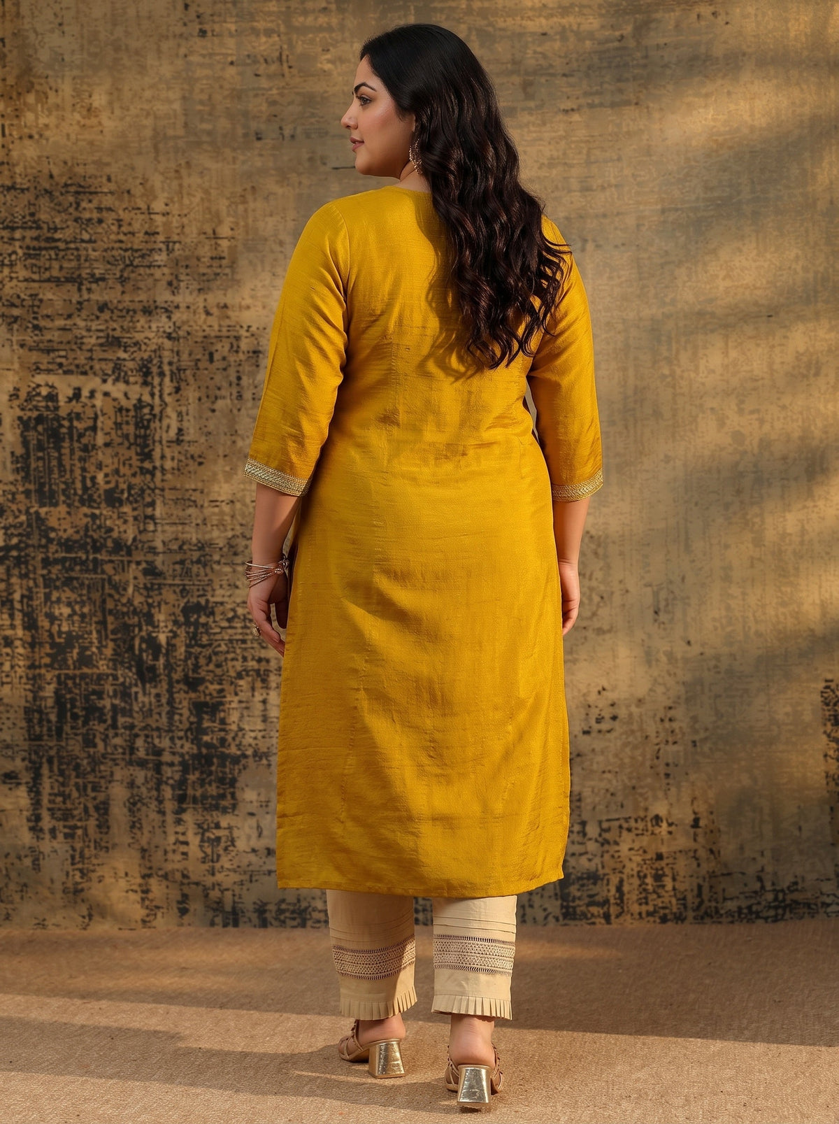 Plus Size Mustard Embroidered Silk Blend Straight Kurta