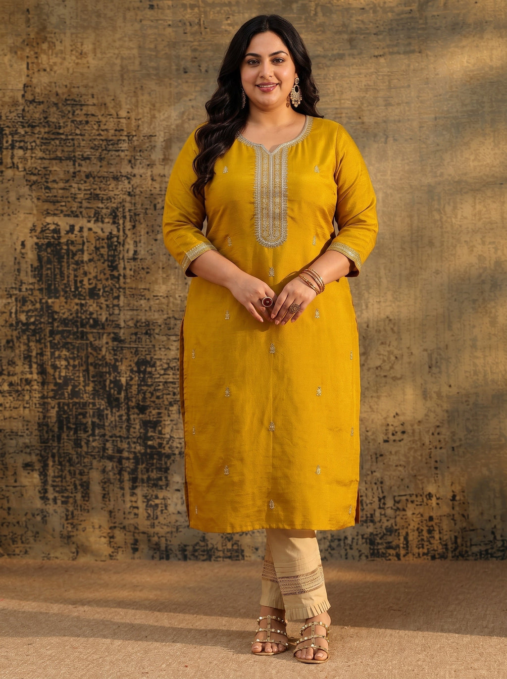 Plus Size Mustard Embroidered Silk Blend Straight Kurta