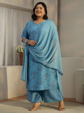 Plus Size Blue Printed Rayon Straight Kurta With Palazzos & Dupatta