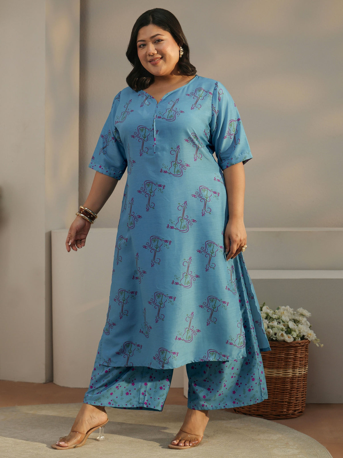 Plus Size Blue Printed Rayon Straight Kurta With Palazzos & Dupatta