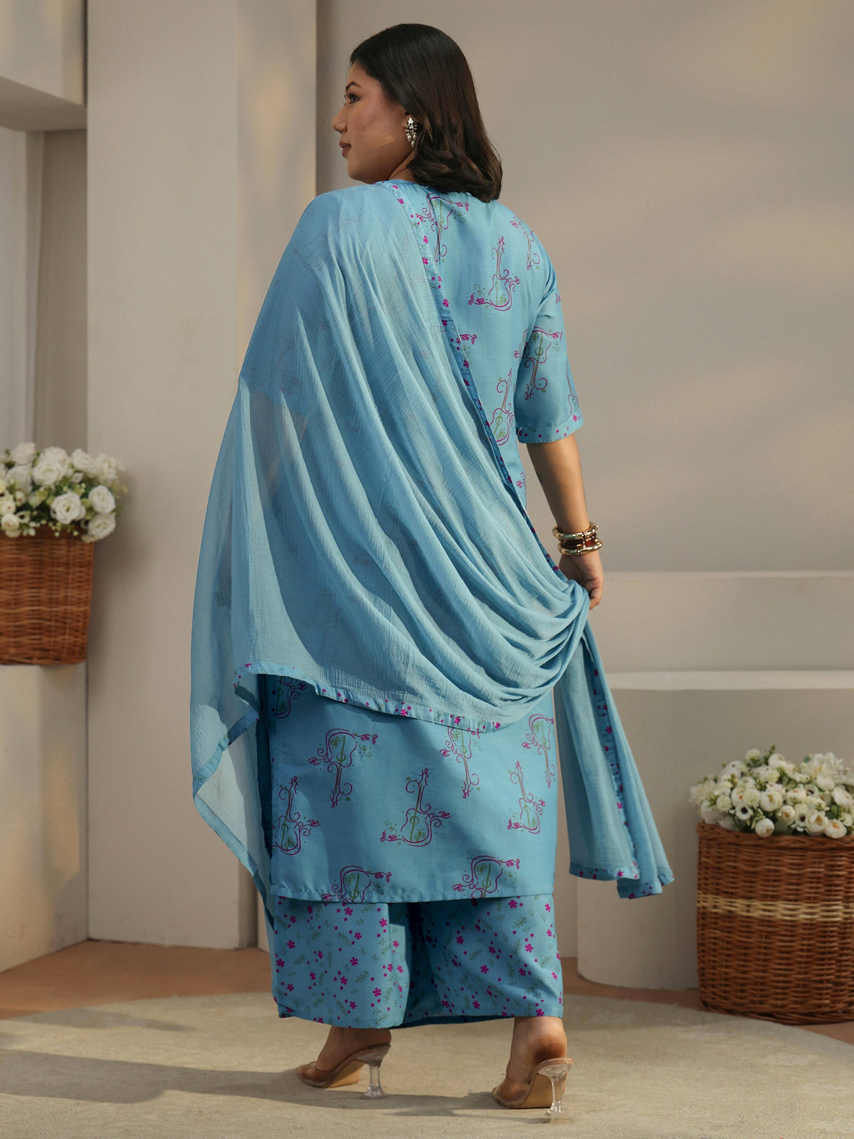 Plus Size Blue Printed Rayon Straight Kurta With Palazzos & Dupatta