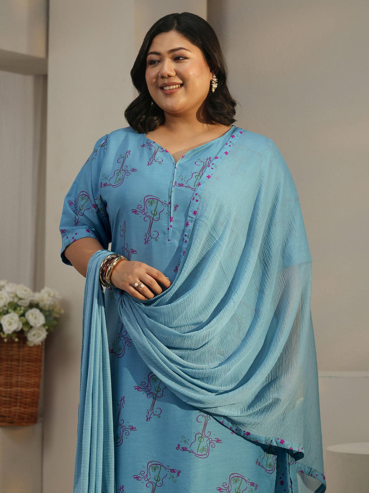 Plus Size Blue Printed Rayon Straight Kurta With Palazzos & Dupatta