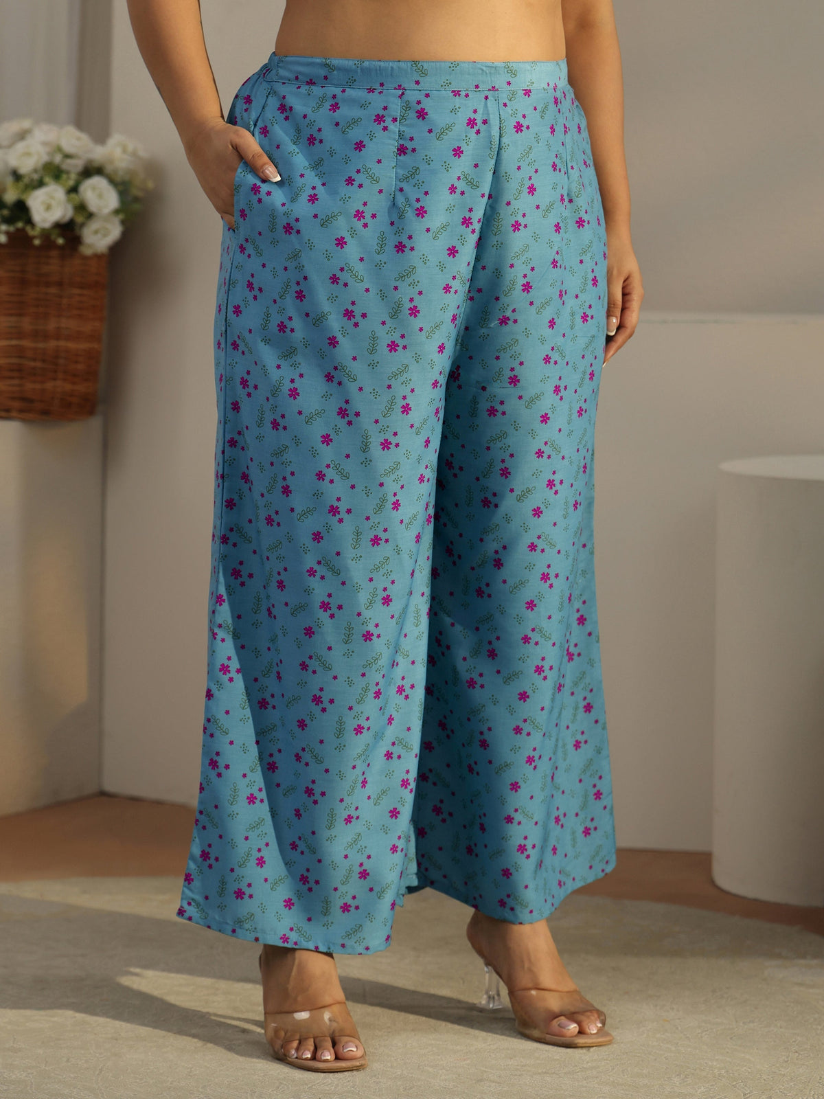 Plus Size Blue Printed Rayon Straight Kurta With Palazzos & Dupatta