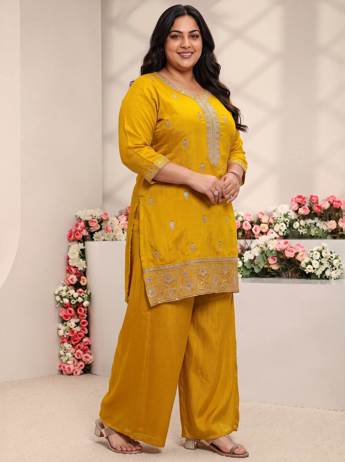 Plus Size Mustard Floral Embroidered Silk Blend Straight Suit Set With Dupatta