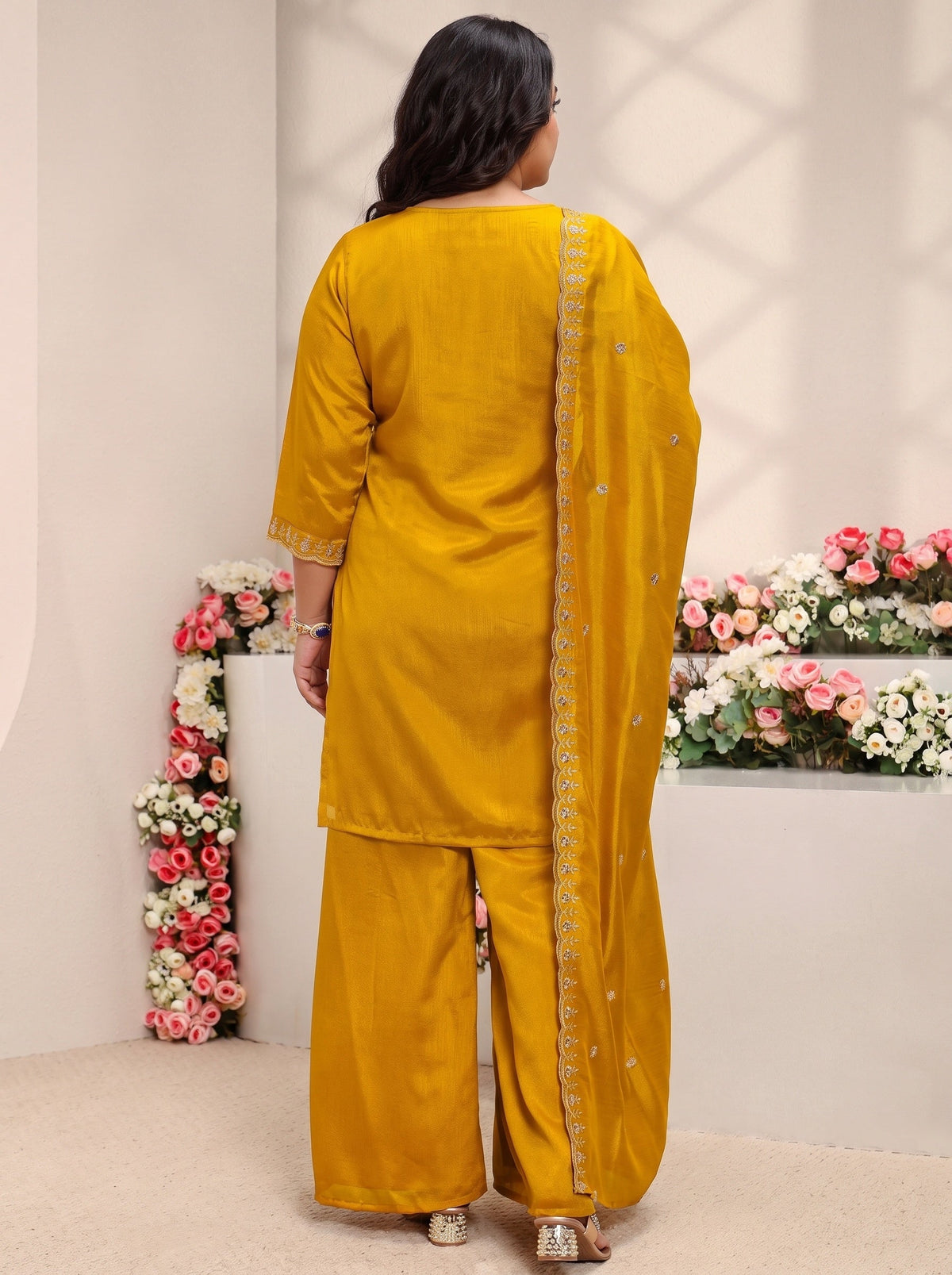 Plus Size Mustard Floral Embroidered Silk Blend Straight Suit Set With Dupatta