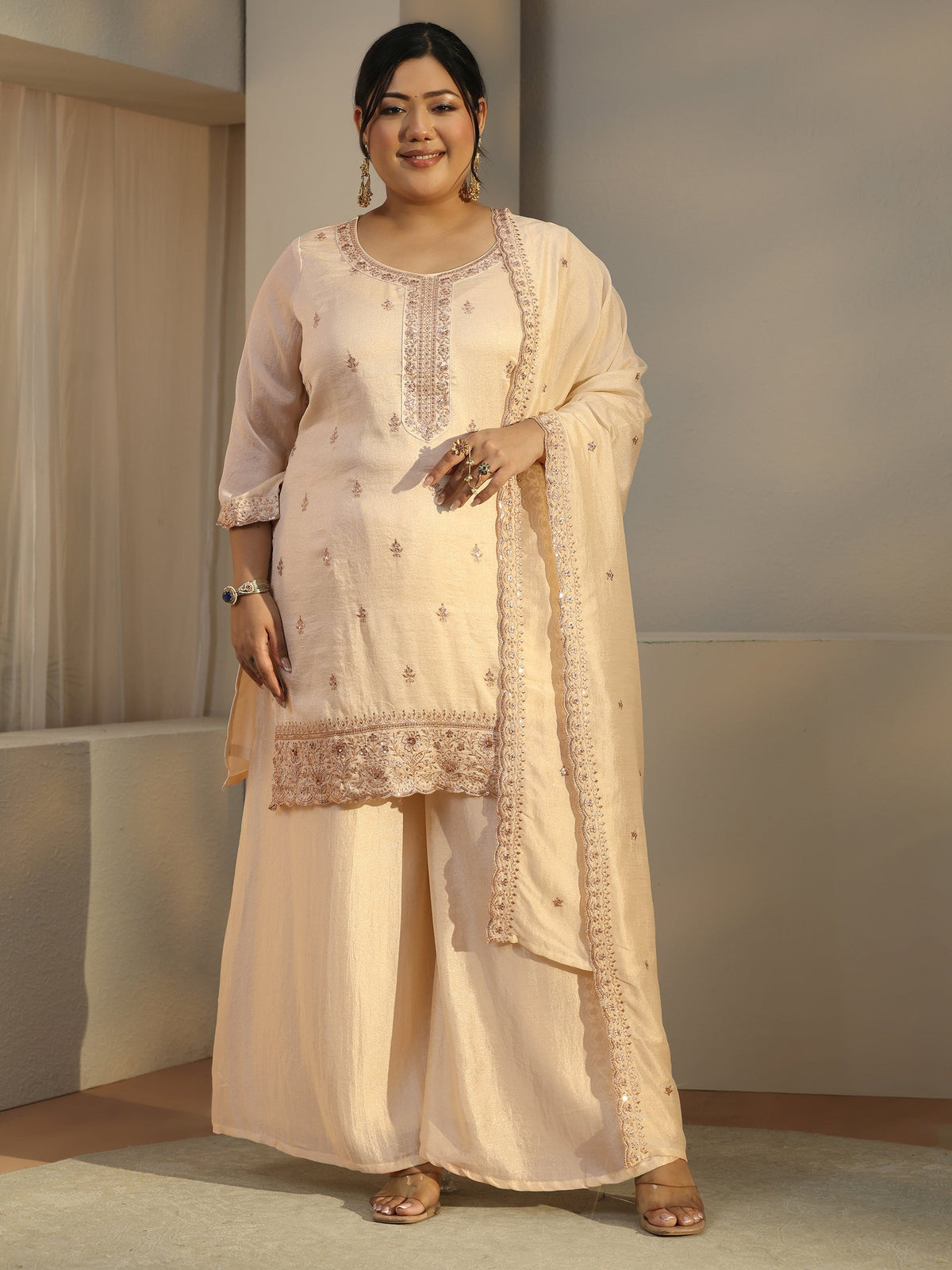 Plus Size Ivory Floral Embroidered Silk Blend Straight Suit Set With Dupatta