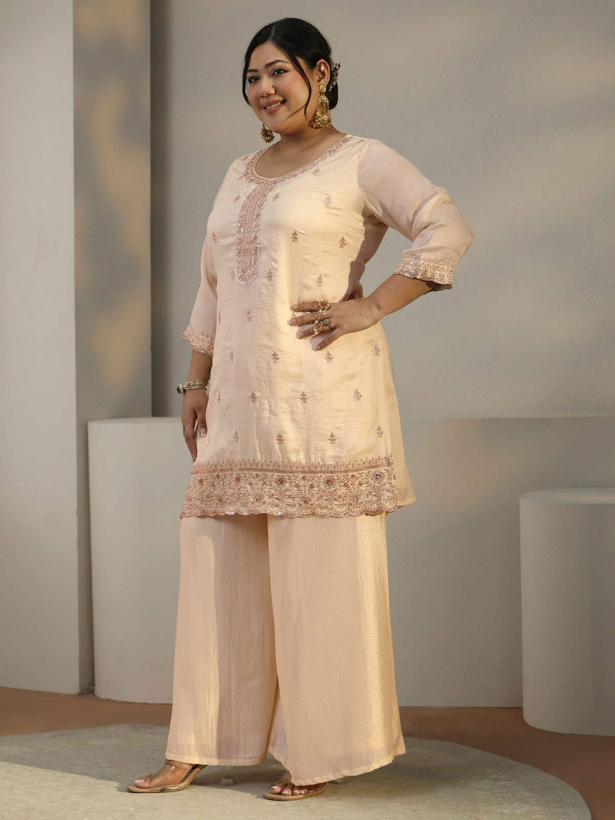 Plus Size Ivory Floral Embroidered Silk Blend Straight Suit Set With Dupatta