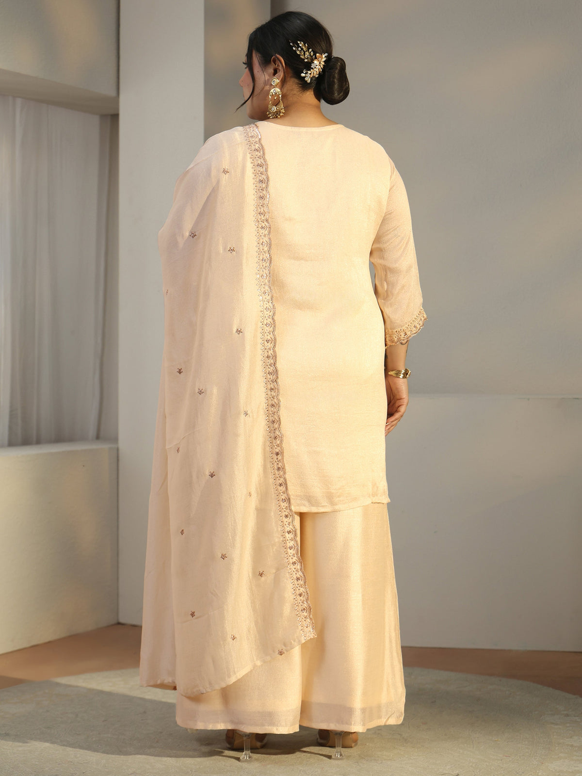 Plus Size Ivory Floral Embroidered Silk Blend Straight Suit Set With Dupatta