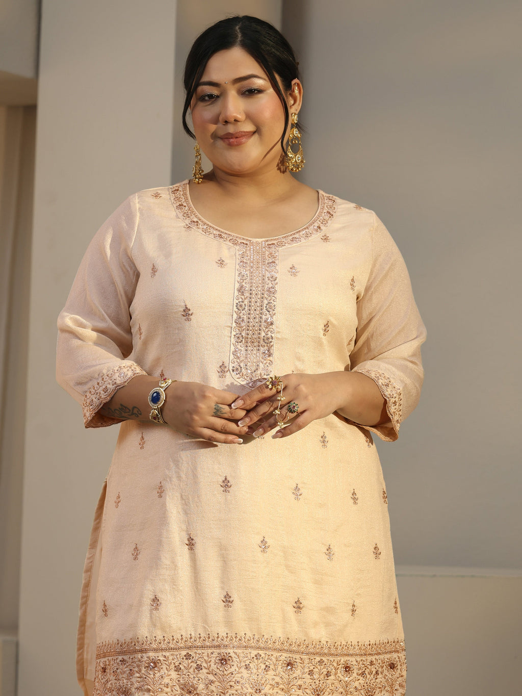 Plus Size Ivory Floral Embroidered Silk Blend Straight Suit Set With Dupatta