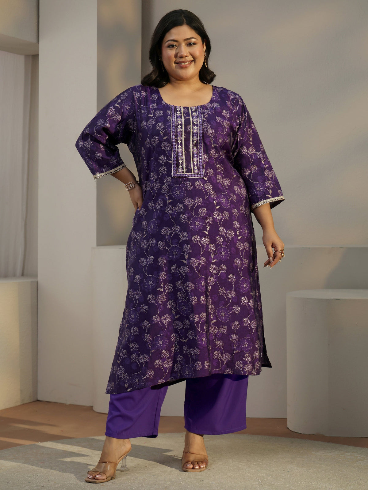 Plus Size Purple Floral Printed Silk Blend Straight Kurta Set