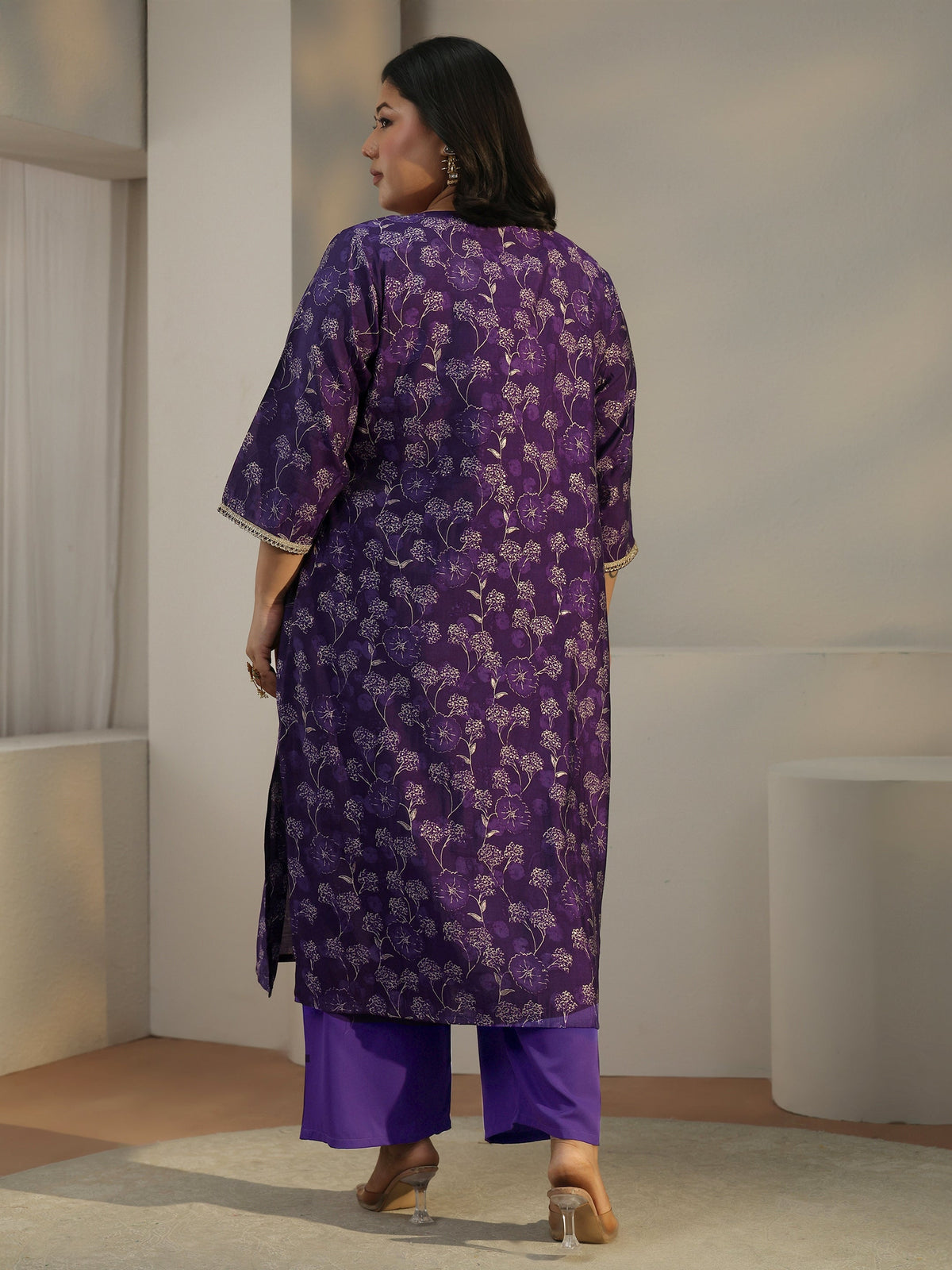 Plus Size Purple Floral Printed Silk Blend Straight Kurta Set