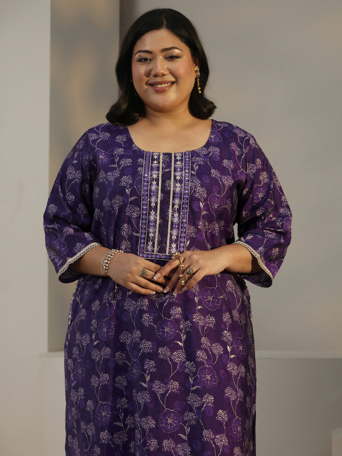 Plus Size Purple Floral Printed Silk Blend Straight Kurta Set