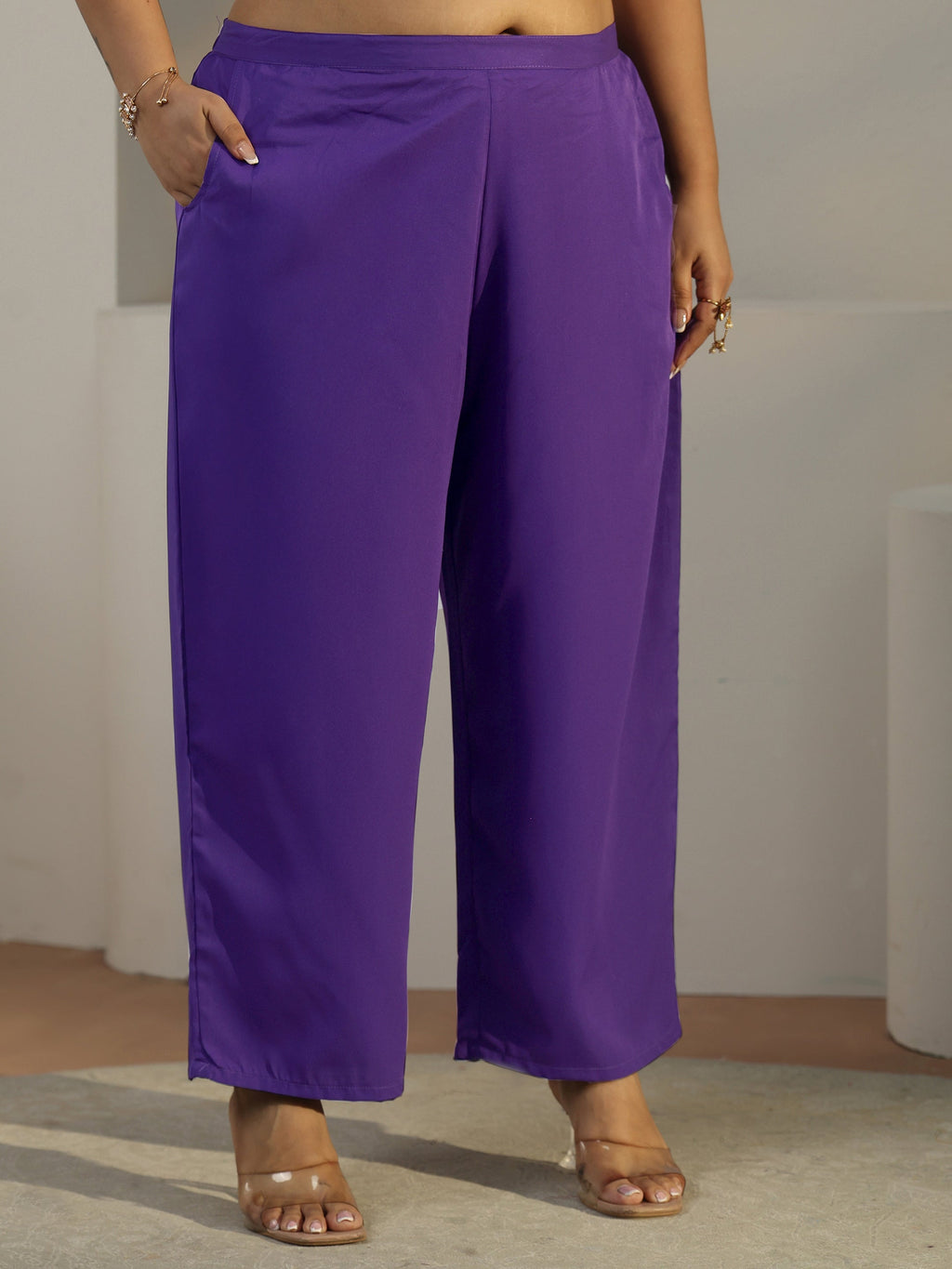 Plus Size Purple Floral Printed Silk Blend Straight Kurta Set