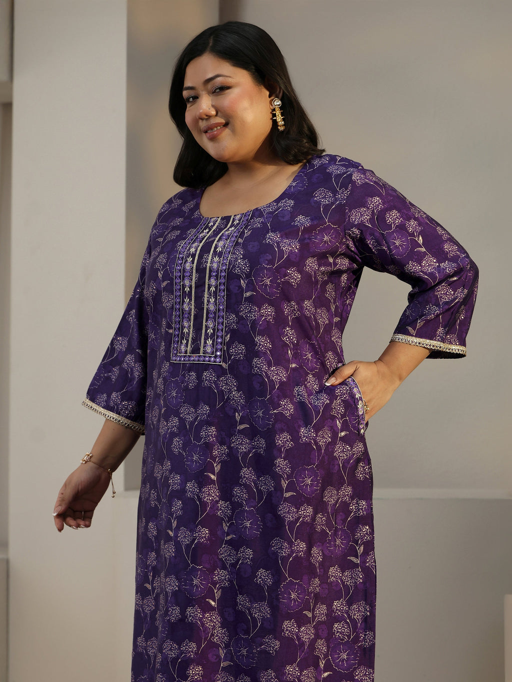 Plus Size Purple Floral Printed Silk Blend Straight Kurta Set