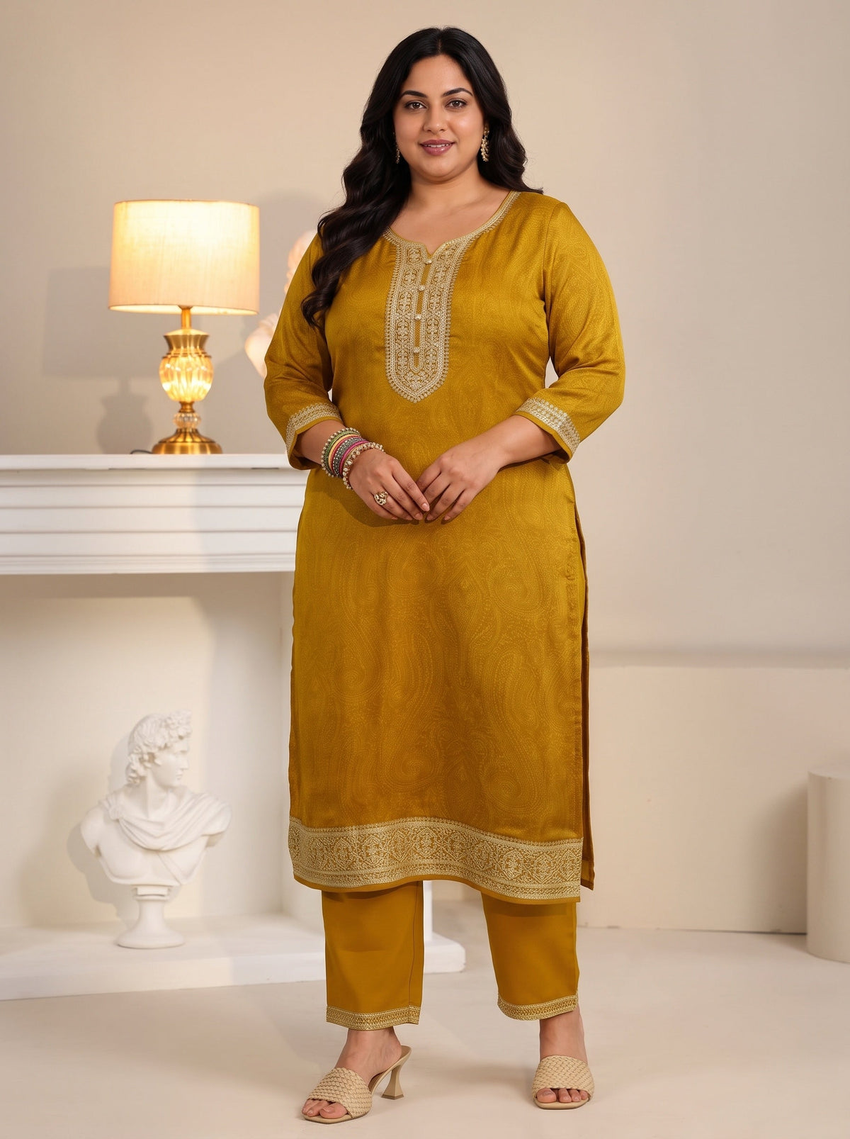 Plus Size Mustard Floral Embellished Chinon Straight Suit Set