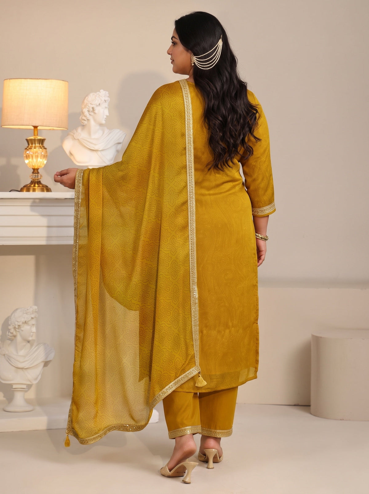 Plus Size Mustard Floral Embellished Chinon Straight Suit Set