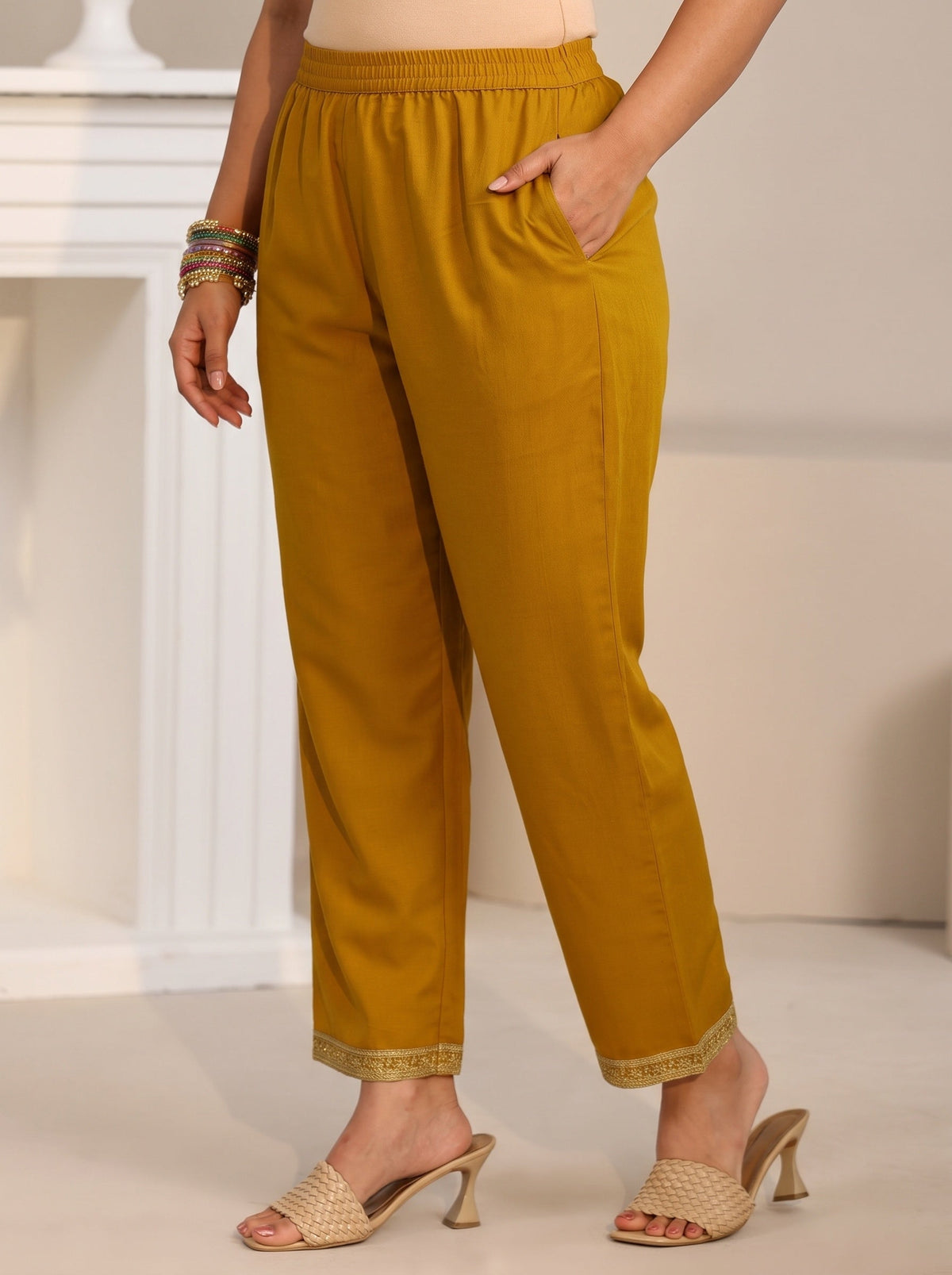 Plus Size Mustard Floral Embellished Chinon Straight Suit Set