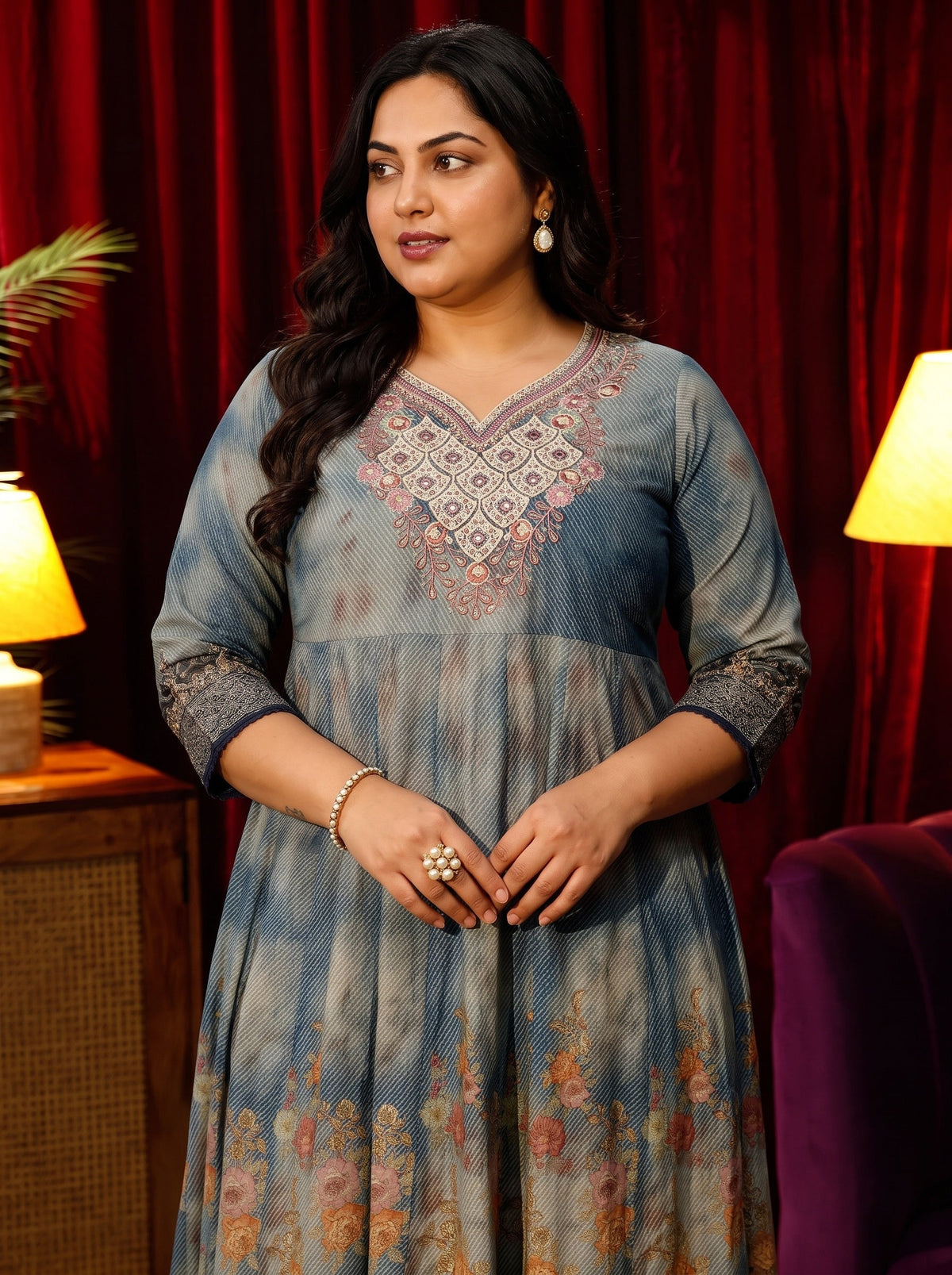 Plus Size Dusty Blue Floral Printed Cotton Anarkali Suit Set