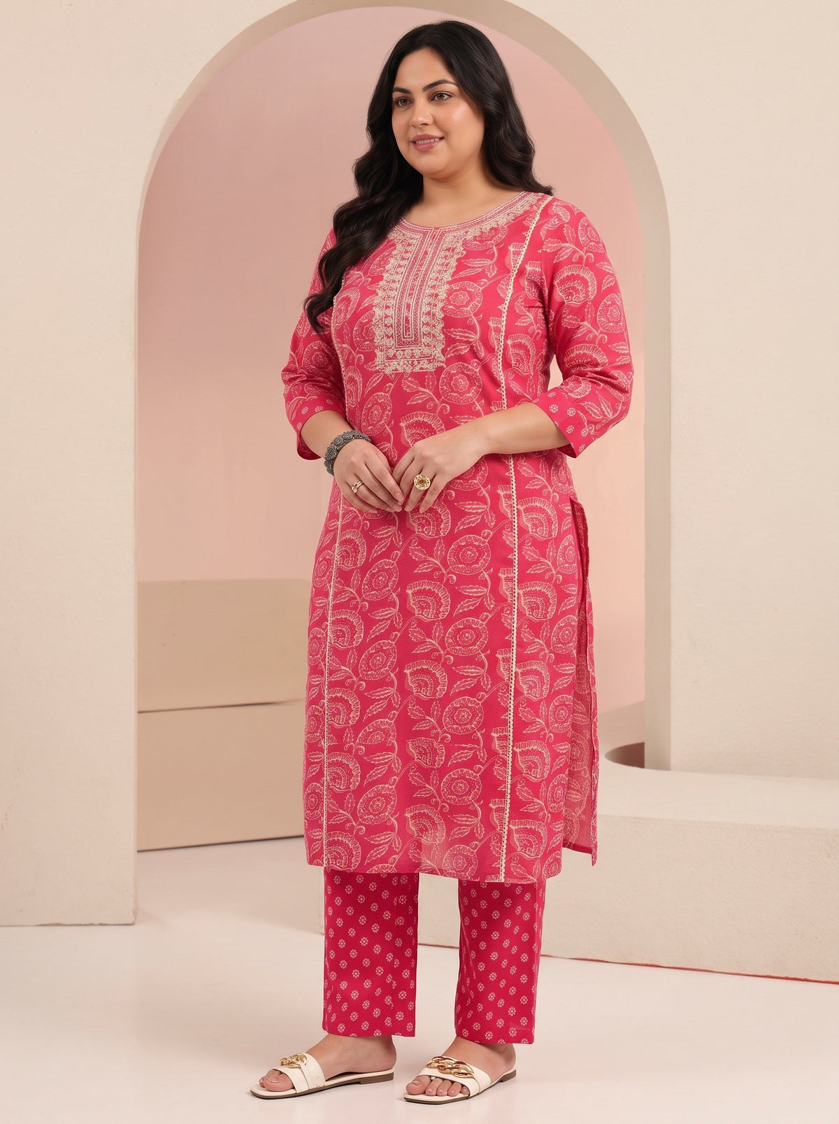 Plus Size Raspberry Red Floral Printed Cotton Straight Suit Set
