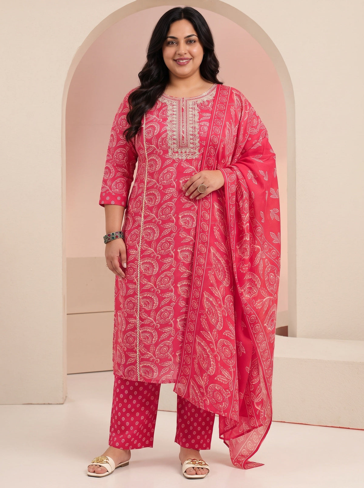 Plus Size Raspberry Red Floral Printed Cotton Straight Suit Set