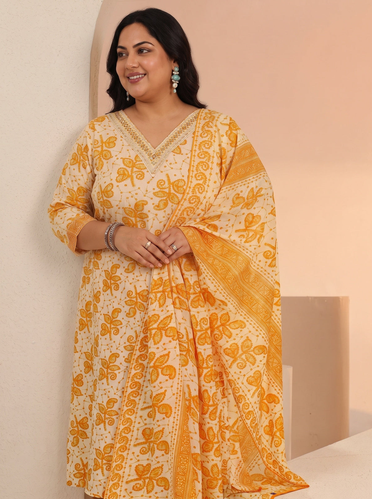 Plus Size Off White Floral Printed Cotton Straight Suit Set