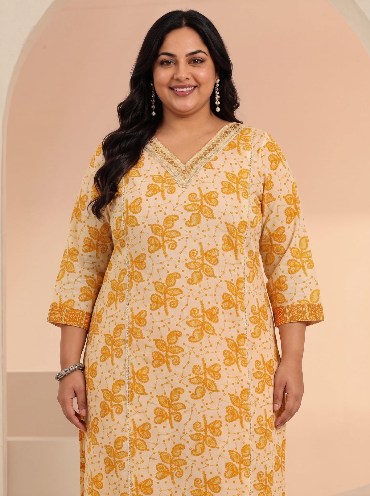 Plus Size Off White Floral Printed Cotton Straight Suit Set