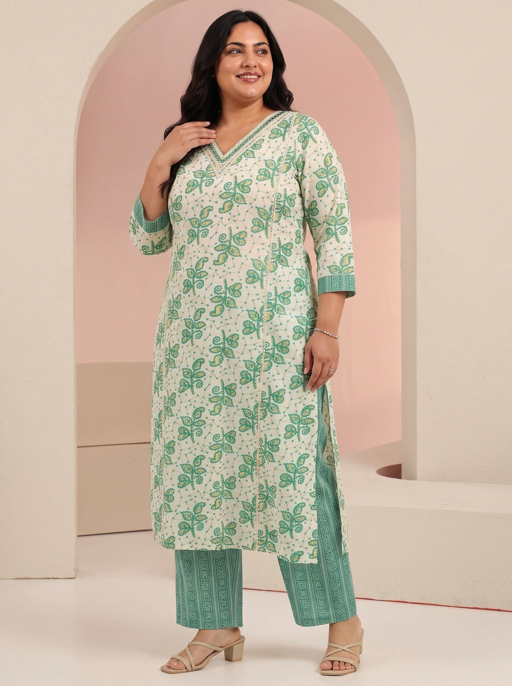 Plus Size Off White Floral Printed Cotton Straight Suit Set