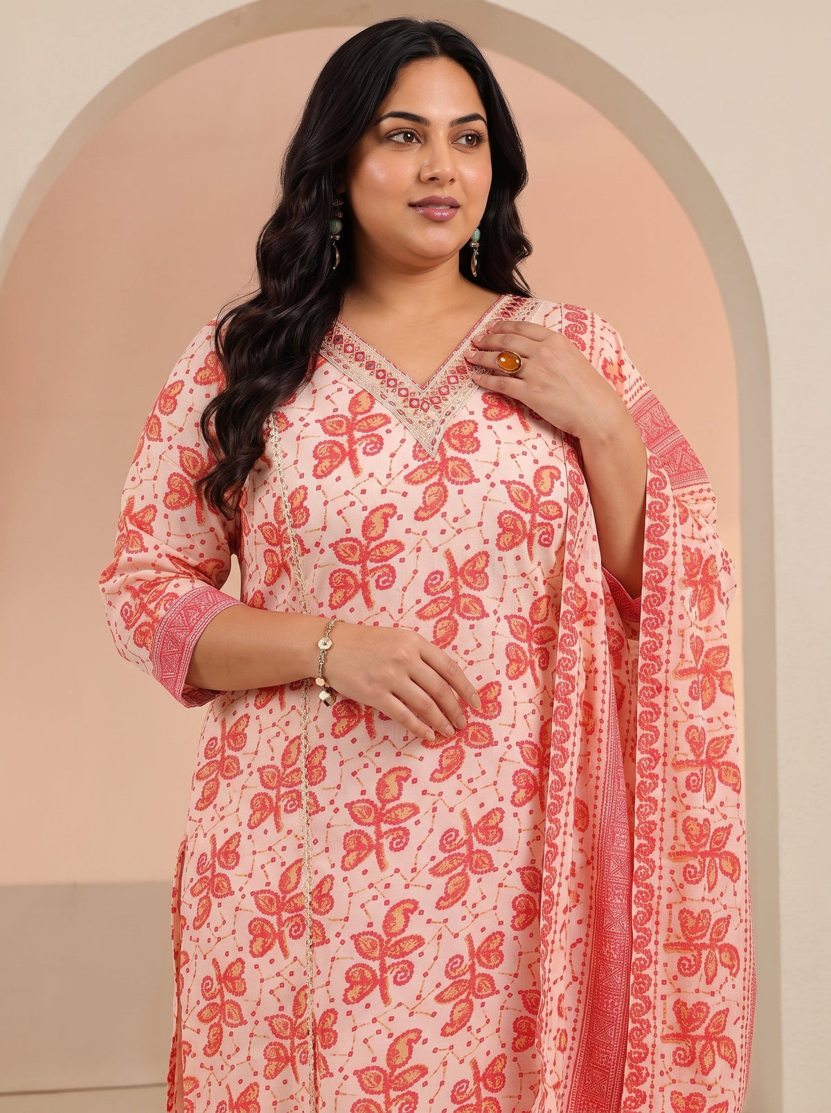 Plus Size Off White Floral Printed Cotton Straight Suit Set