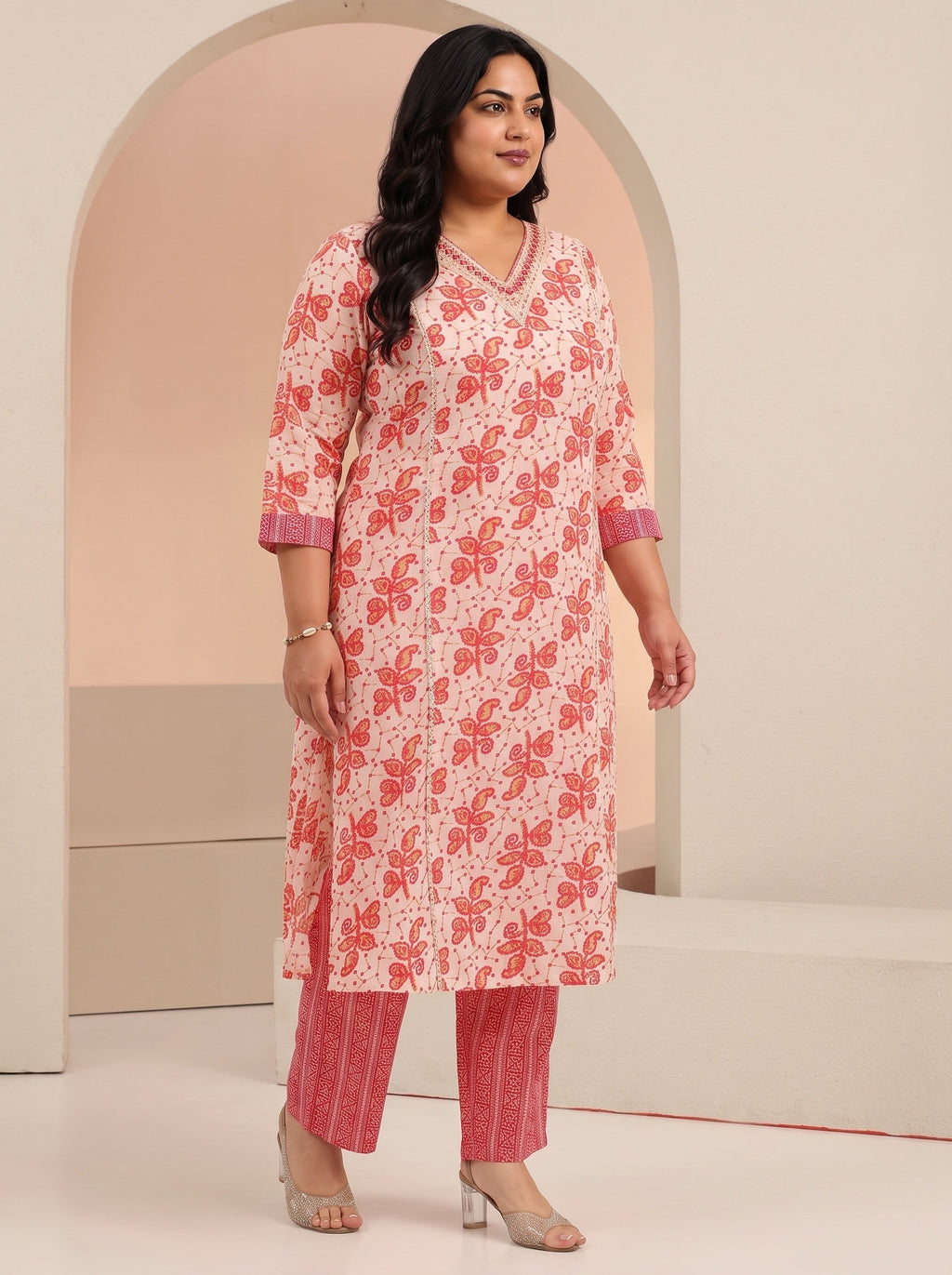 Plus Size Off White Floral Printed Cotton Straight Suit Set