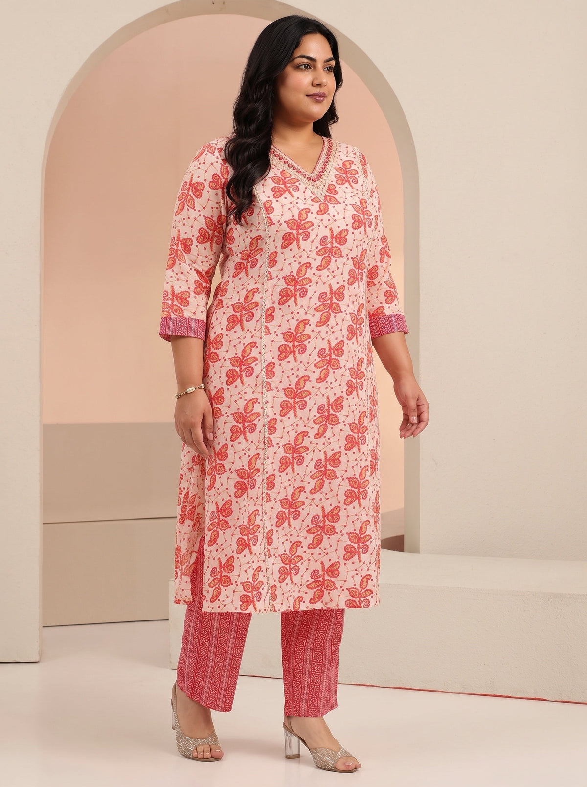 Plus Size Off White Floral Printed Cotton Straight Suit Set