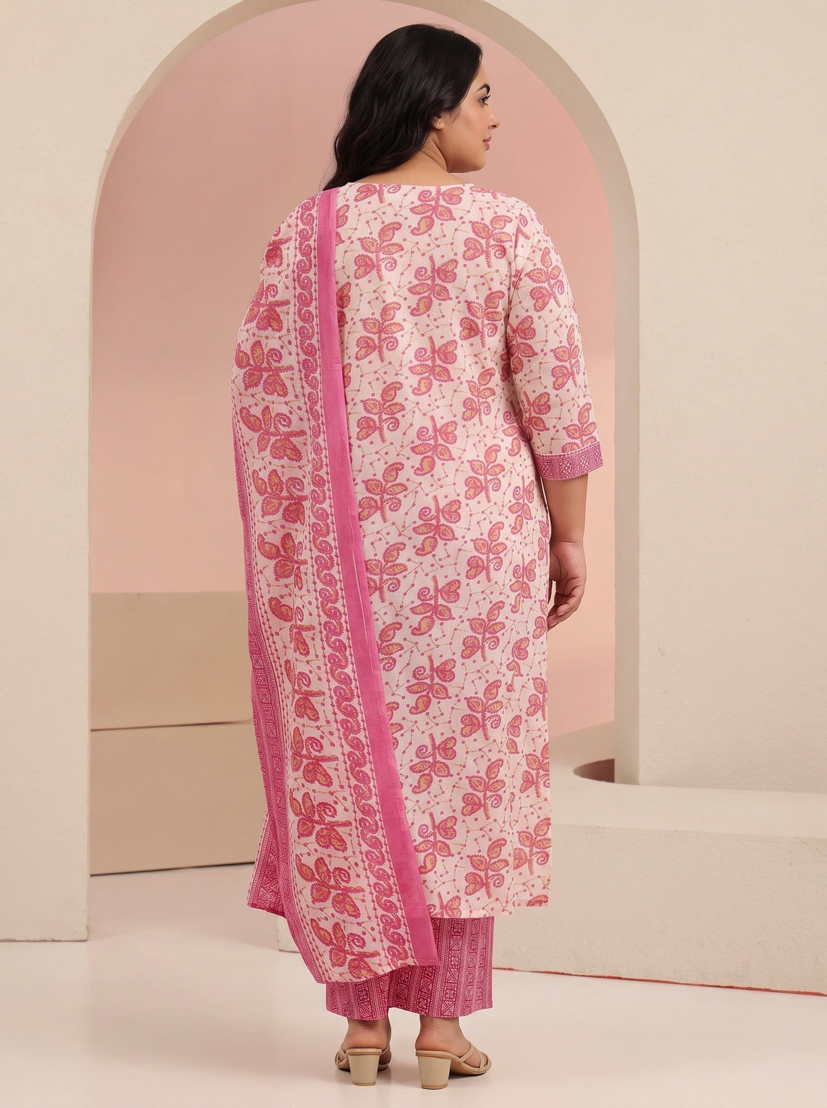 Plus Size Off White Floral Printed Cotton Straight Suit Set