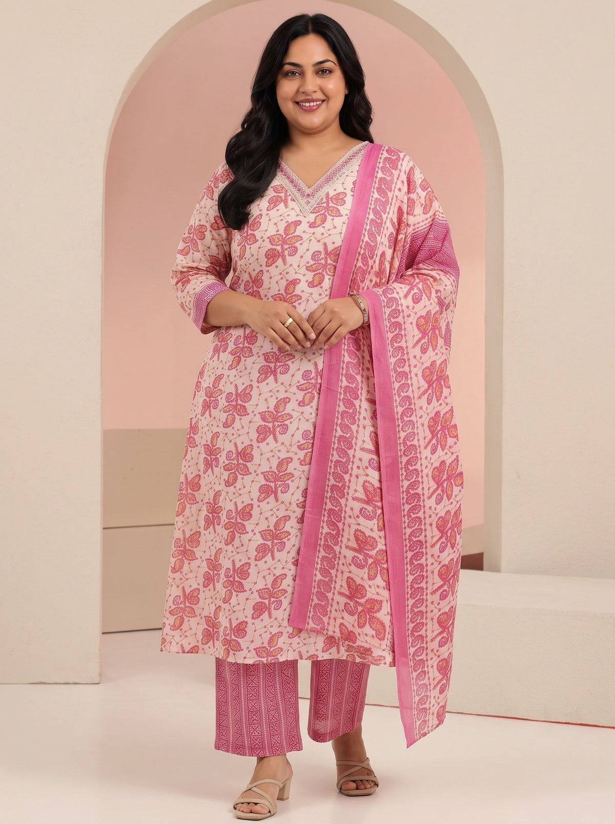 Plus Size Off White Floral Printed Cotton Straight Suit Set