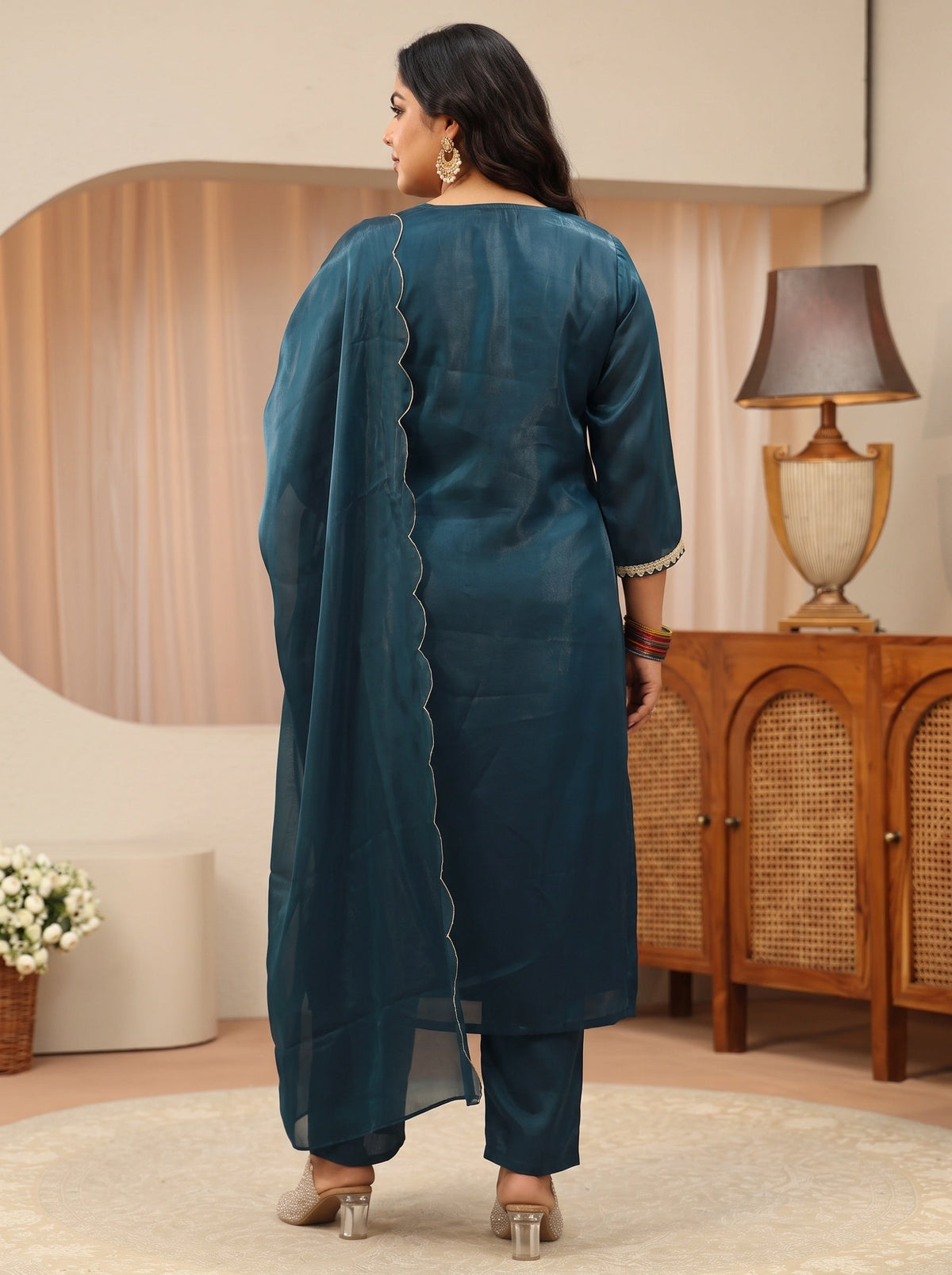 Plus Size Navy Blue Yoke Design Tissue Straight Suit Set