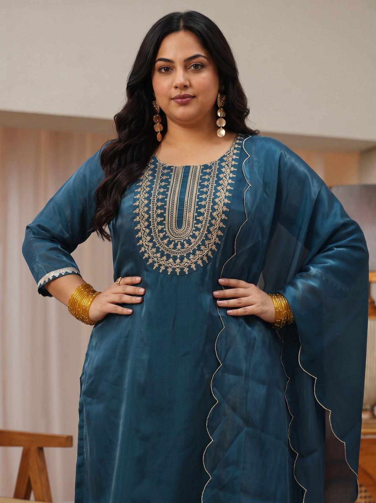 Plus Size Navy Blue Yoke Design Tissue Straight Suit Set