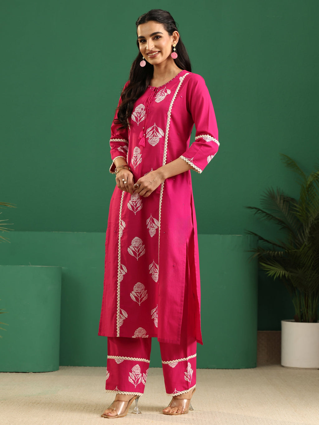 sanjhshringar Fuchsia Pink Floral Printed Cotton Straight Suit Set