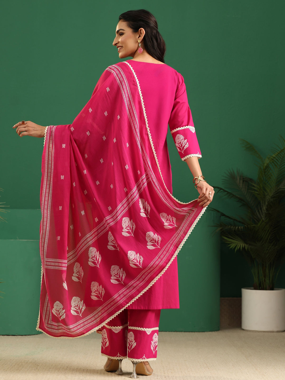 sanjhshringar Fuchsia Pink Floral Printed Cotton Straight Suit Set
