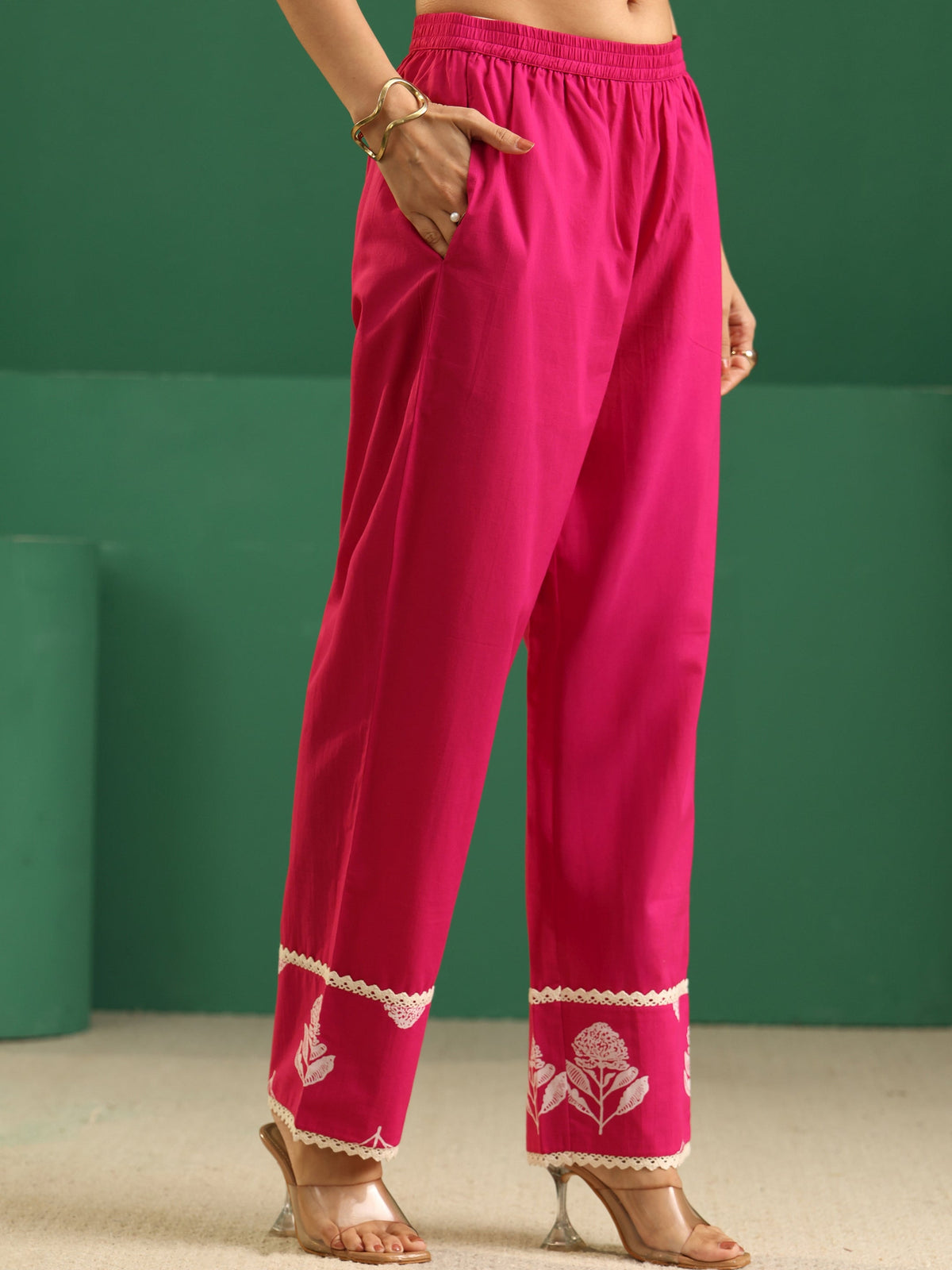 sanjhshringar Fuchsia Pink Floral Printed Cotton Straight Suit Set