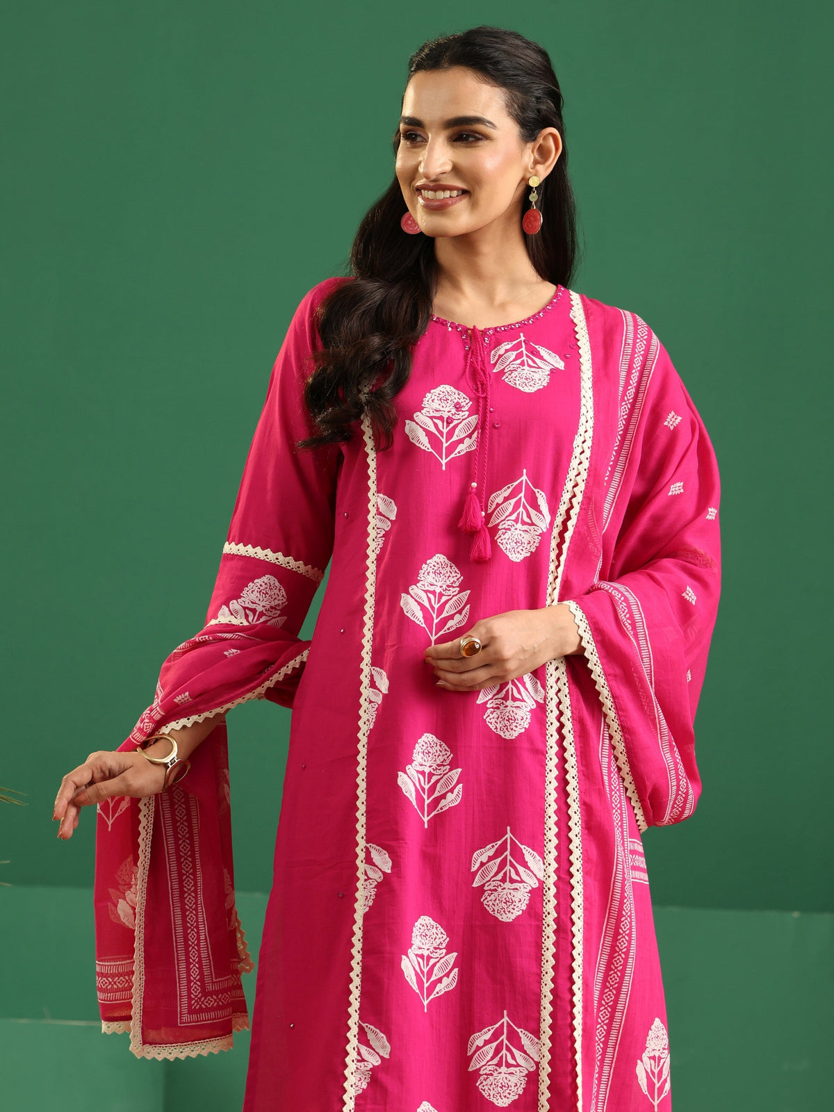 sanjhshringar Fuchsia Pink Floral Printed Cotton Straight Suit Set