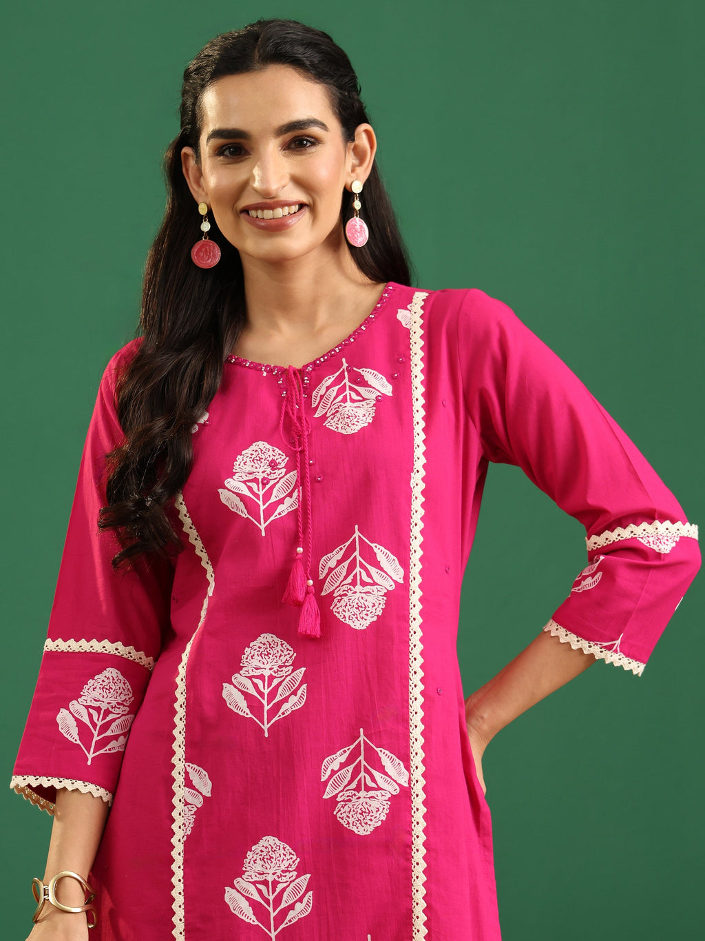 sanjhshringar Fuchsia Pink Floral Printed Cotton Straight Suit Set