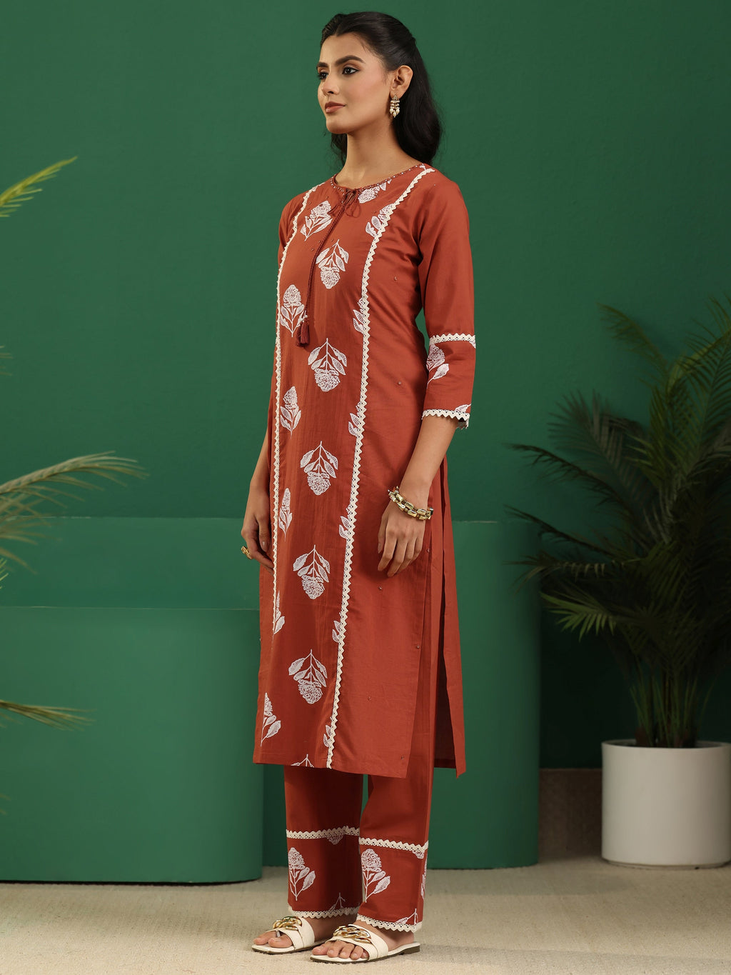 sanjhshringar Burnt Orange Floral Printed Cotton Straight Suit Set